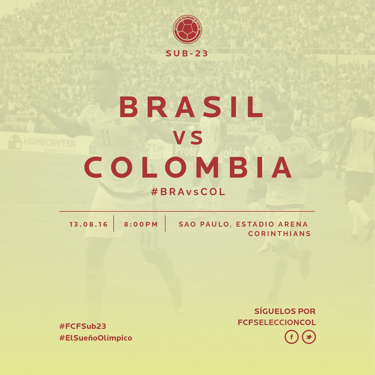 FCFSeleccionCol's tweet photo. ¡Vamos por la historia en #Rio2016! #Bra vs #COL. https://t.co/uYCGBDmNQG