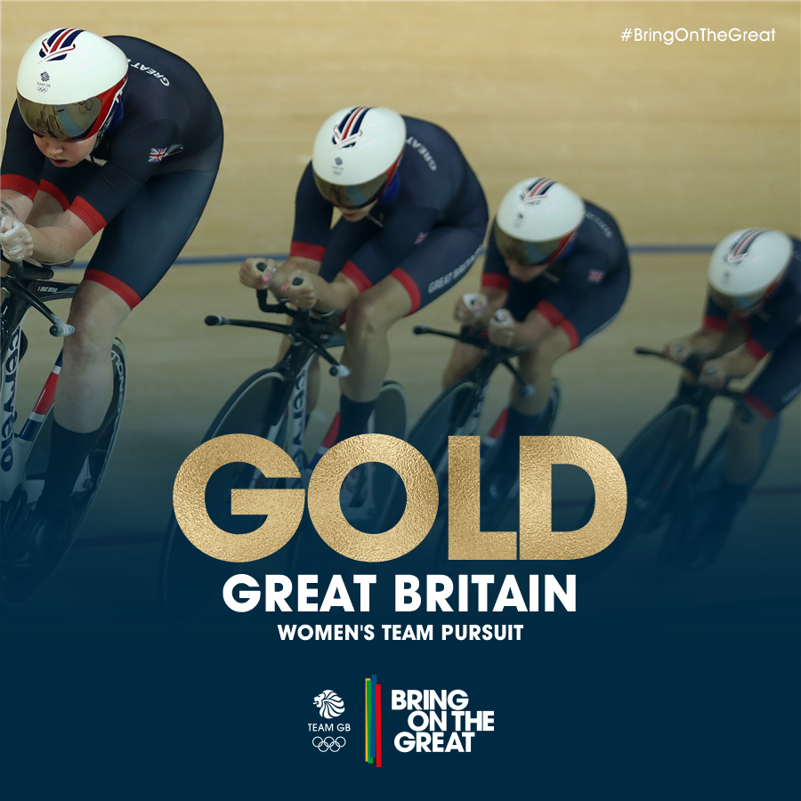 TeamGB's tweet photo. #Gold #WorldRecord 4:10.236 YES! @LauraTrott31 @JoRowsellShand @elinorbarker &amp; @_katiearchibald 🚴  #Rio2016 https://t.co/H53ncO8u0k