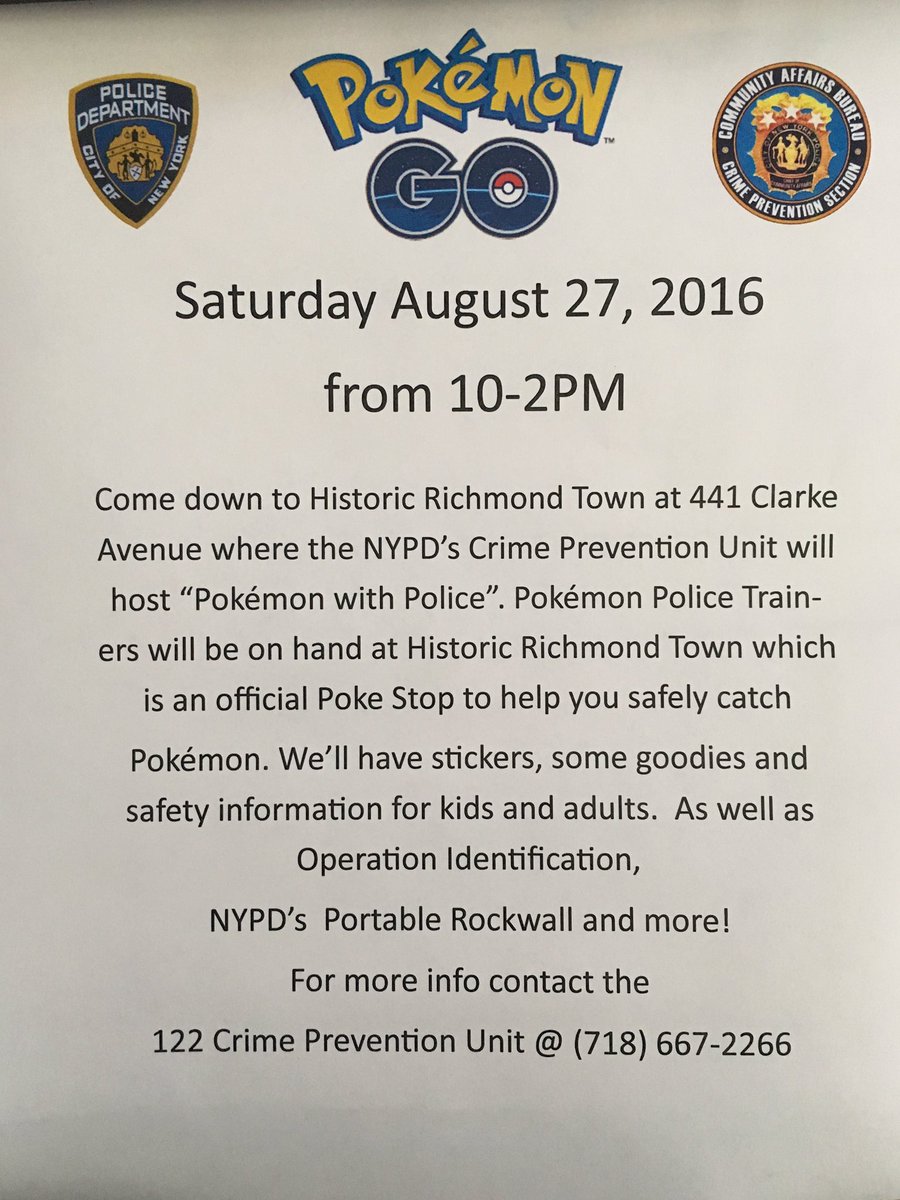 On 8/27 10a-2p 441 Clarke Av- join us for our first #PokemonGo event "Pokemon with Police"