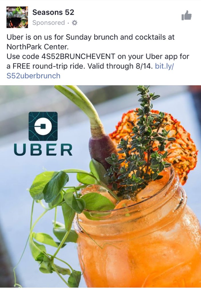 FreeInBigD's tweet image. #Free @Uber to @Seasons52 for Sunday brunch. Use code 4S52BRUNCHEVENT on your @Uber app for a free round-trip ride