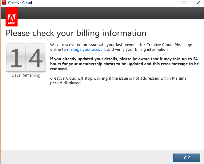 cotufamedia's tweet photo. @AdobeCare this keeps happening, this is the 4th time in the year. Can you please help me? thank you. https://t.co/JrTLRHs751
