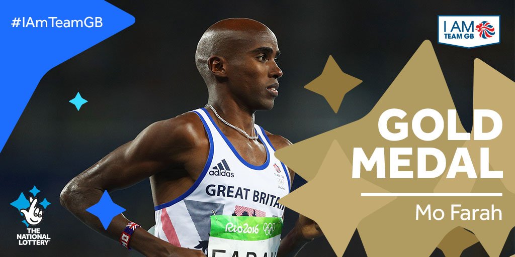 TNLUK's tweet photo. HE'S DONE IT! @Mo_Farah wins #GOLD in the 10,000m becoming the 1st #GBR athlete to win THREE gold medals! #IAmTeamGB https://t.co/uXeVsRHmkB