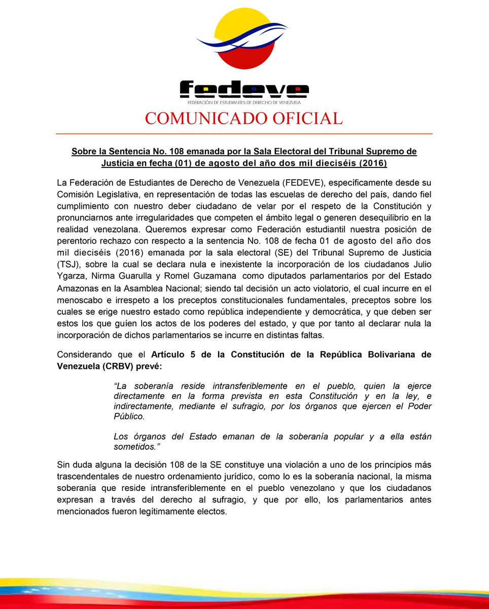 FEDEVENacional's tweet photo. Comunicado Oficial - Sobre Sentencia No. 108 (Sala Electoral del TSJ) #FEDEVE https://t.co/BDYRL6hrO9