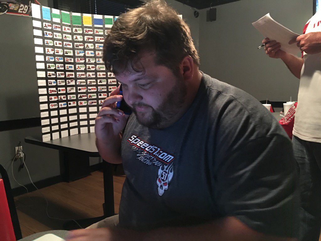 HemiMan's tweet photo. Commish @RyanLMcCollough is wheeling and dealing on phone. #draft16 https://t.co/e4oBtDgAKp