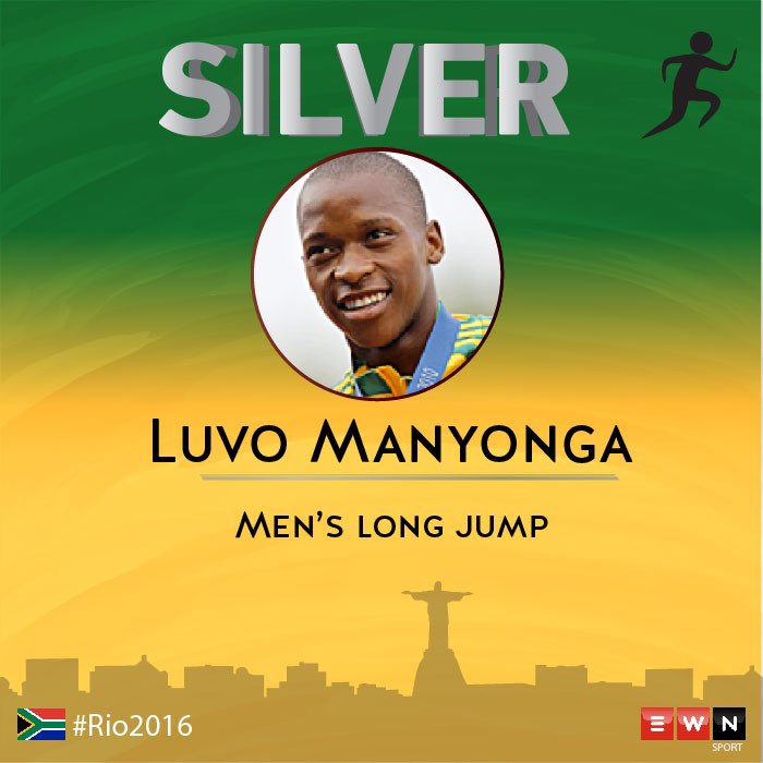 EWNsport's tweet photo. BREAKING NEWS Luvo Manyonga wins SILVER in men's long jump (8.37m) to clinch @teamsa16's 6th medal of #Rio2016. JS https://t.co/BH2ws5BgHh