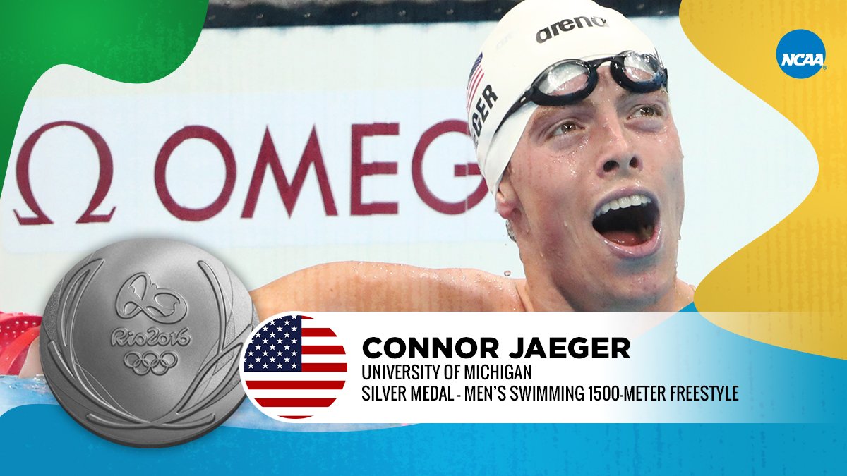 NCAA's tweet photo. Former Michigan swimmer &amp; mechanical engineering grad Connor Jaeger takes #silver in the 1500-meter freestyle! https://t.co/SFqBjqHVE6