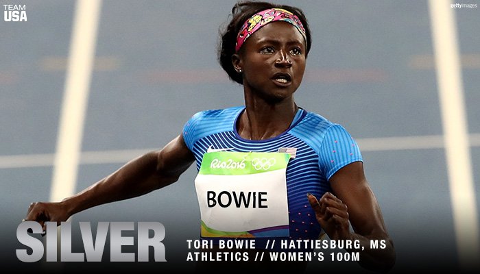 TeamUSA's tweet image. ⚡️ WOW ⚡️

@bowie_tori wins #Silver in the 100m dash! 🇺🇸