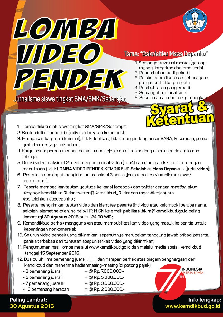 Kemdikdasmen's tweet photo. Untuk kamu siswa SMA/SMK/sederajat yg punya hobi membuat video blog, bisa ikutan lomba ini #SekolahkuMasaDepanku https://t.co/k5rgGJyFV9