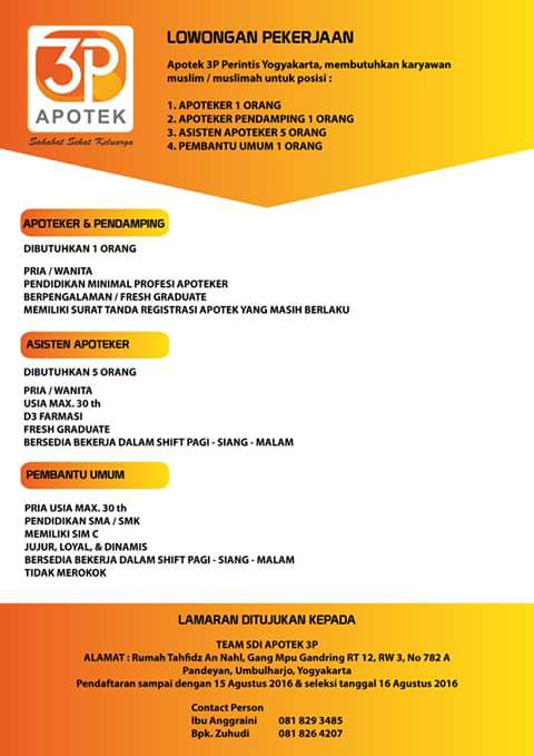 PromosiYogya's tweet photo. #lowker Apotik 3P mencari Apoteker, Apoteker pendamping, Assisten Apoteker,  dan pembantu Umum #projogja https://t.co/dOeMeE9wbd