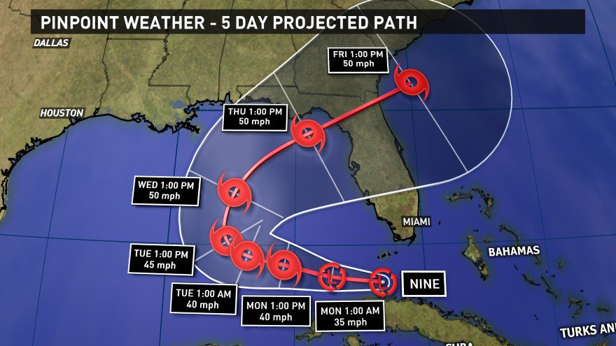 Dave_Nussbaum's tweet photo. A closer look at #TD9's forecast track. It will become a tropical storm Mon Afternoon &amp; stay at storm. @WWLTV https://t.co/J9bVgD7jid