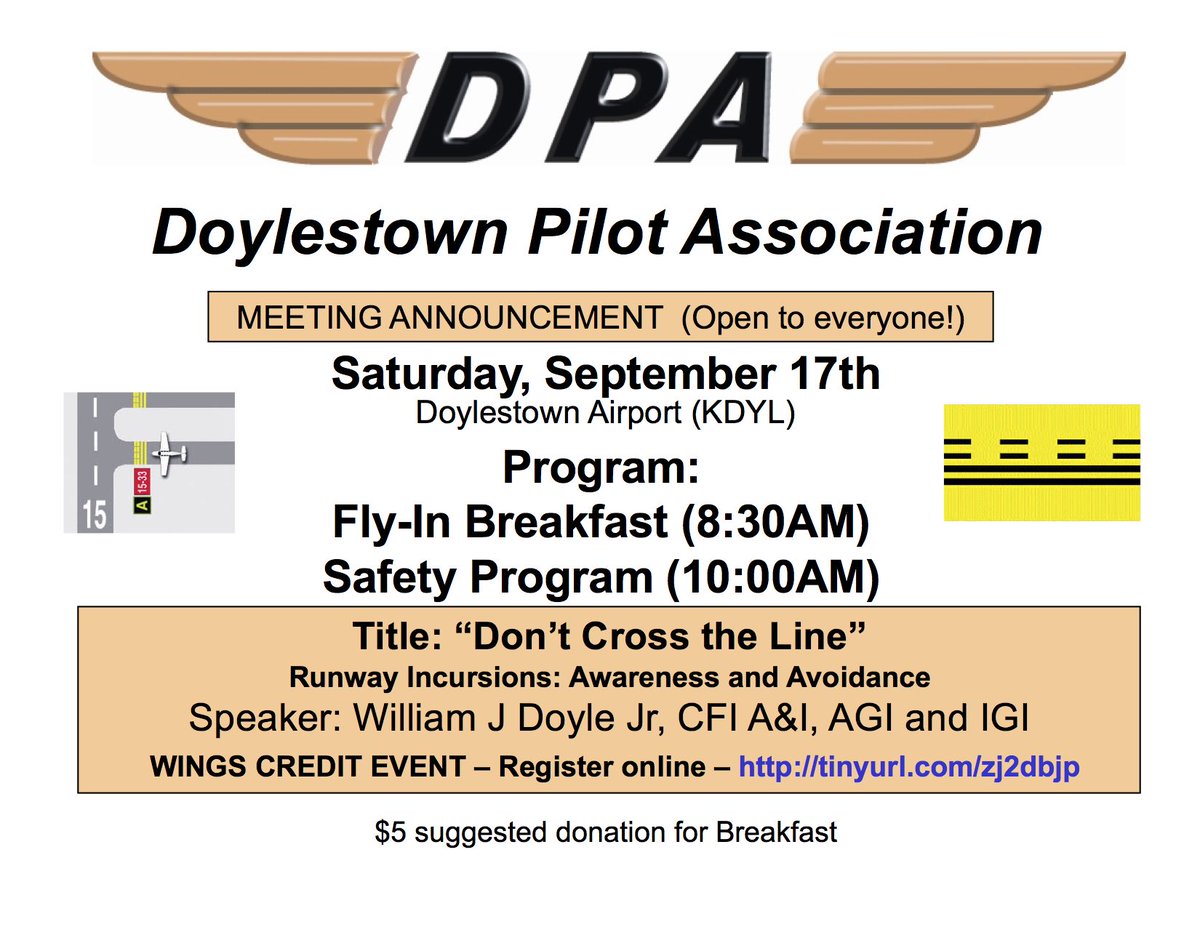 DYLpilotAssoc's tweet image. 9/17 Doylestown KDYL breakfast &amp;amp; @FAASTeam program on #runwayincursion avoidance!   #FlySafe @AOPA_Airports @EAA