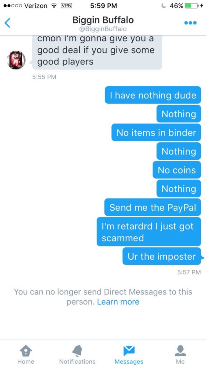 TrustedTradeMUT's tweet photo. Community Alert: Block and Report  @BigginBuffaIo for  scamming @TTopFlight . https://t.co/RkHgwDDEBc