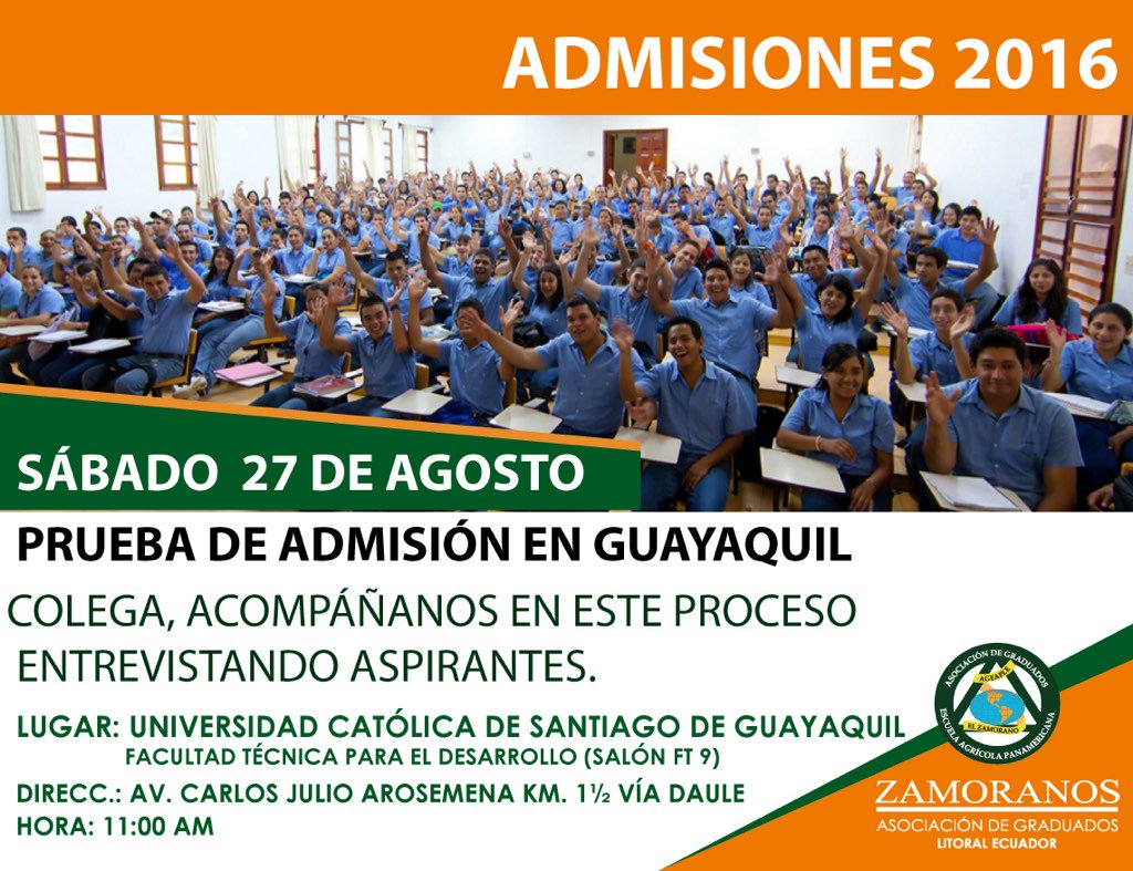 Prueba de admisión Guayaquil 👕
Día: sábado 27 de agosto
Lugar: U. Católica facultad técnica salón FT 9
Hora: 8h30
