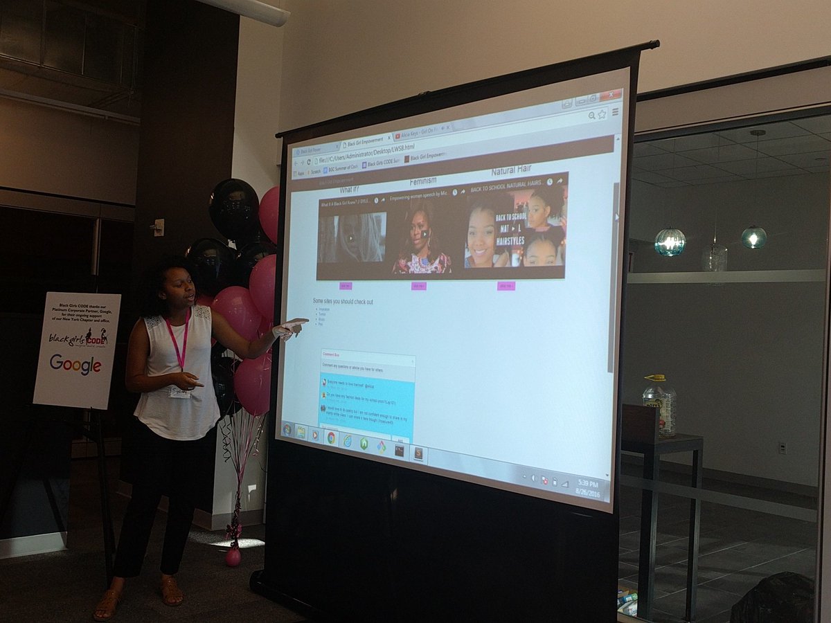 BlackGirlsCode's tweet image. Sydney showcasing her team&apos;s website which celebrates #BlackGirlMagic #BGCSummerofCODE2016 #NY