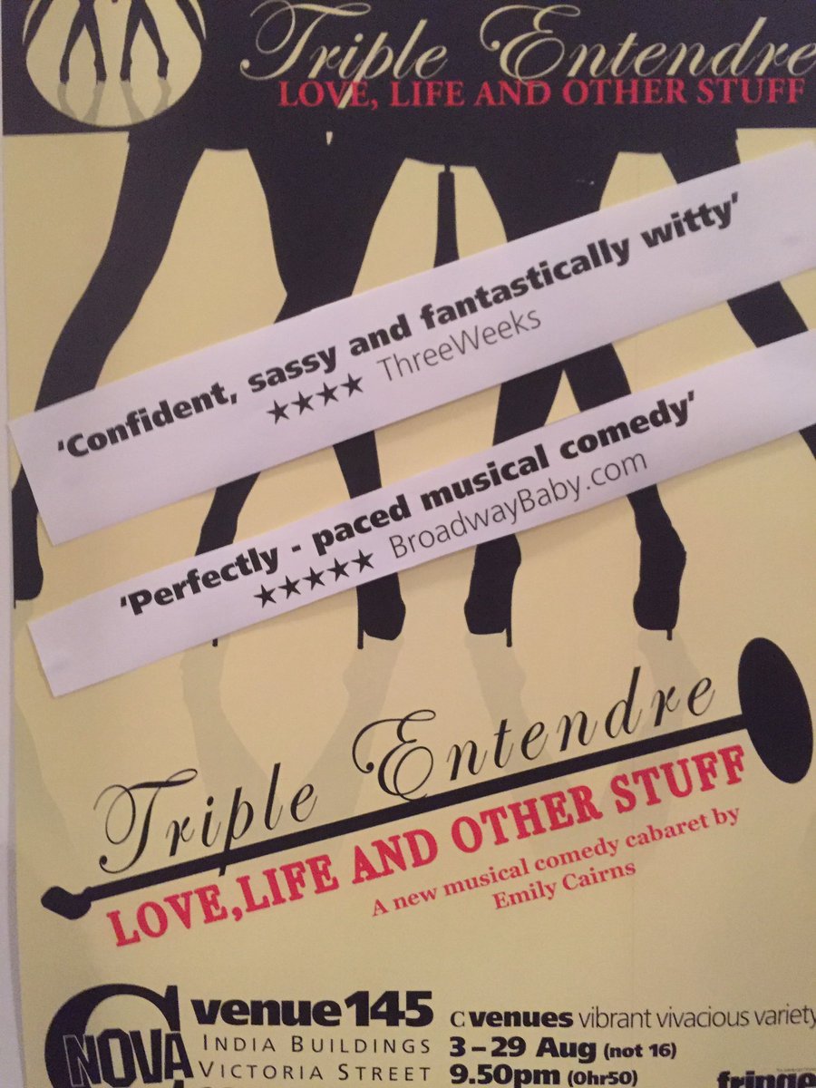 <a href="/entendreX3/">Triple Entendre</a> just slayed tonight at the Edinburgh fringe. The destiny's child of cabaret and wit. Stunning.