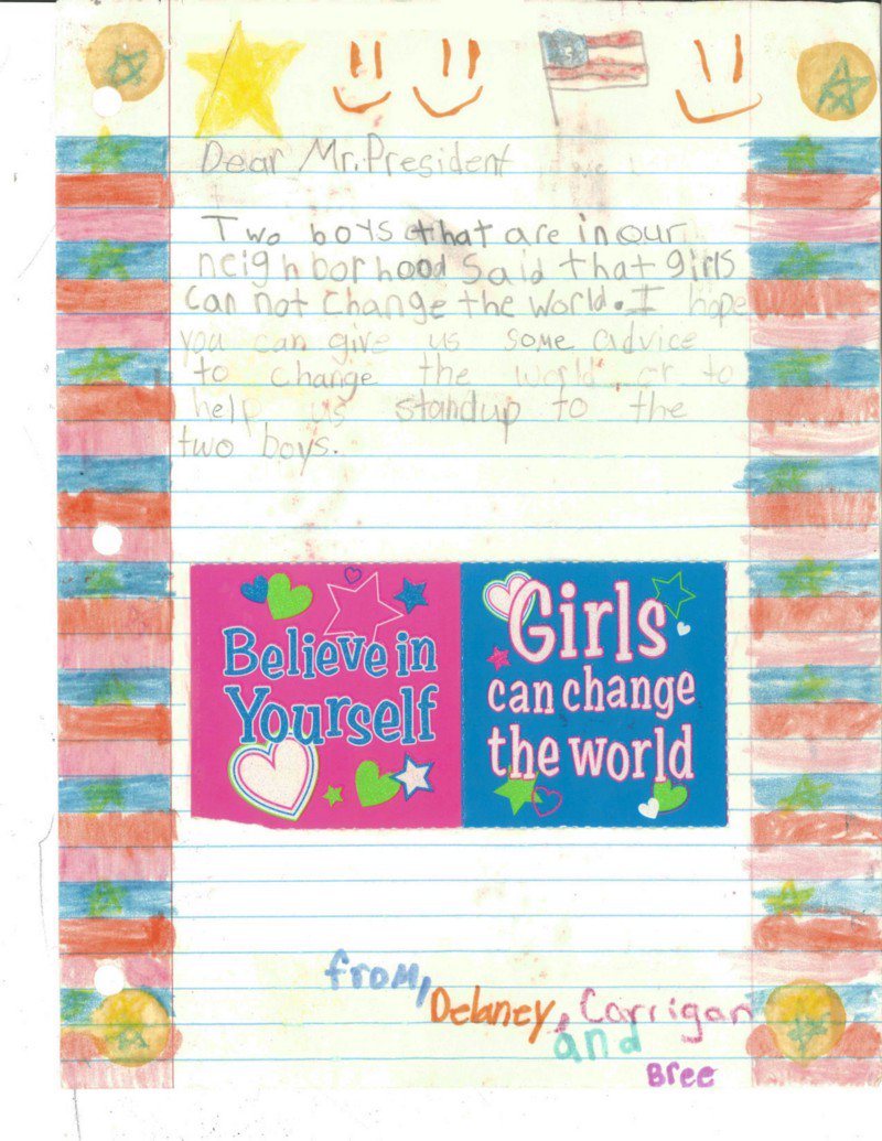 ObamaWhiteHouse's tweet photo. “Dear Delaney…Girls can change the world.” —@POTUS responds to a letter from 3 young women: https://t.co/nUARmzXGf5 https://t.co/qBSbJuQd0J