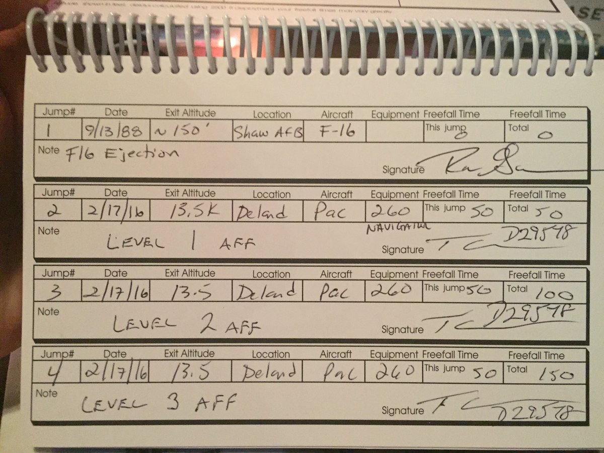 WorldViewSpace's tweet photo. Skydive training log for @Astro_Ron. 1st log entry? An F-16 ejection in 1988 https://t.co/7XumTmRx4R