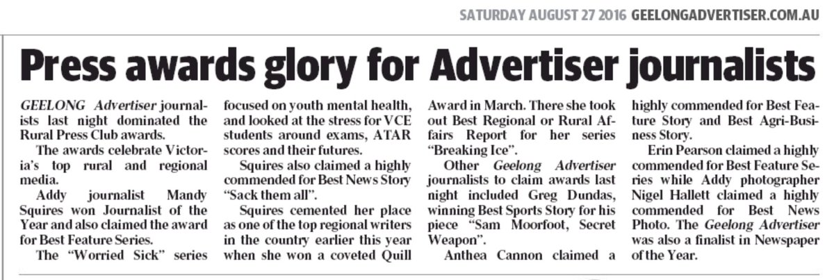 Gongratulations to the whole
 <a href="/geelongaddy/">Geelong Advertiser</a> team, especially  <a href="/mandy_squires/">Mandy Squires</a> for Journo of the Year <a href="/RPCVic/">Rural Press Club Vic</a> Awards.
