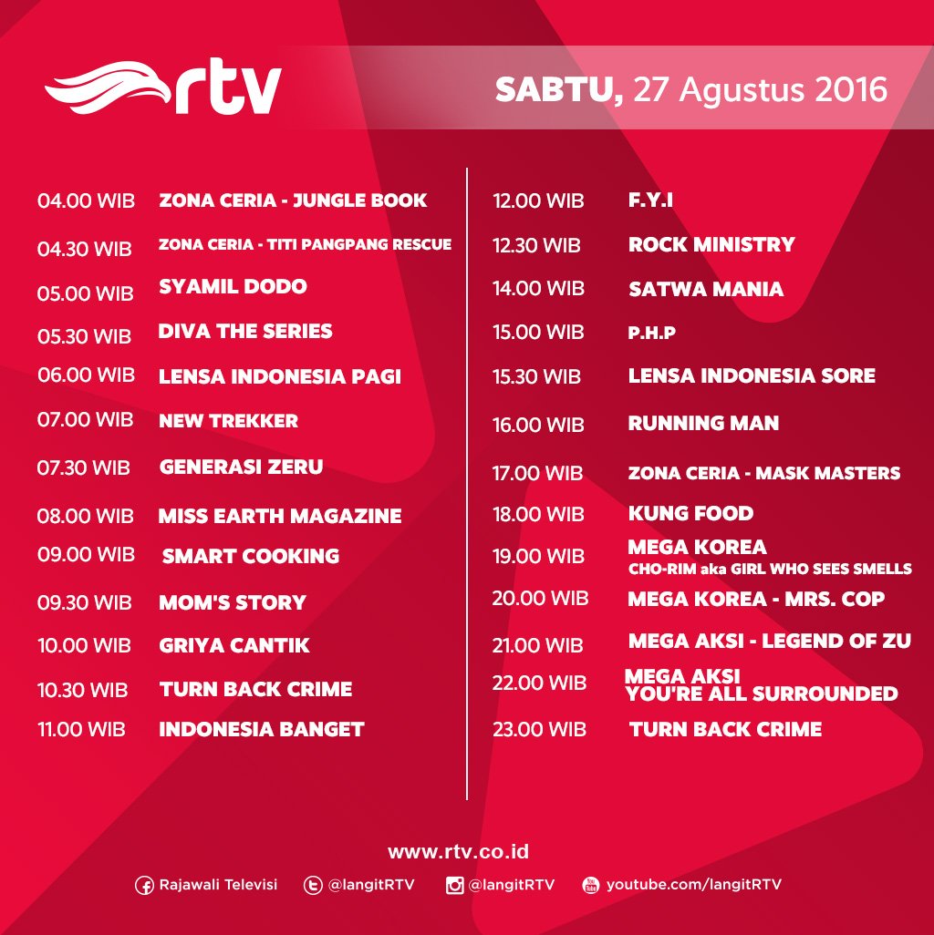 langitRTV's tweet image. FYI, jadwal RTV hari ini.. Happy weekend ;)