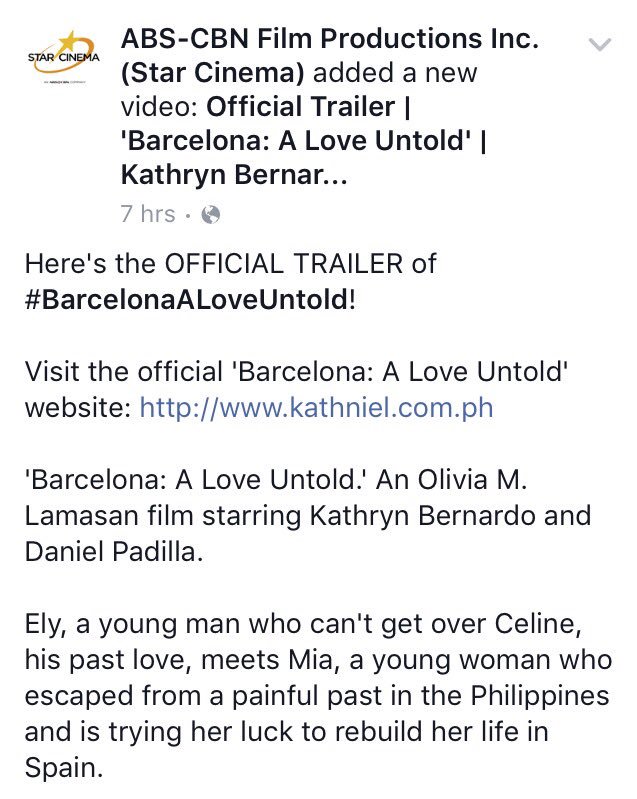 KCMBbarkada's tweet photo. Official trailer of #BarcelonaALoveUntold has  537k views on FB and 44k+ views on YT. ❤️

#PushAwardsKathNiels https://t.co/KQutYCIGjD