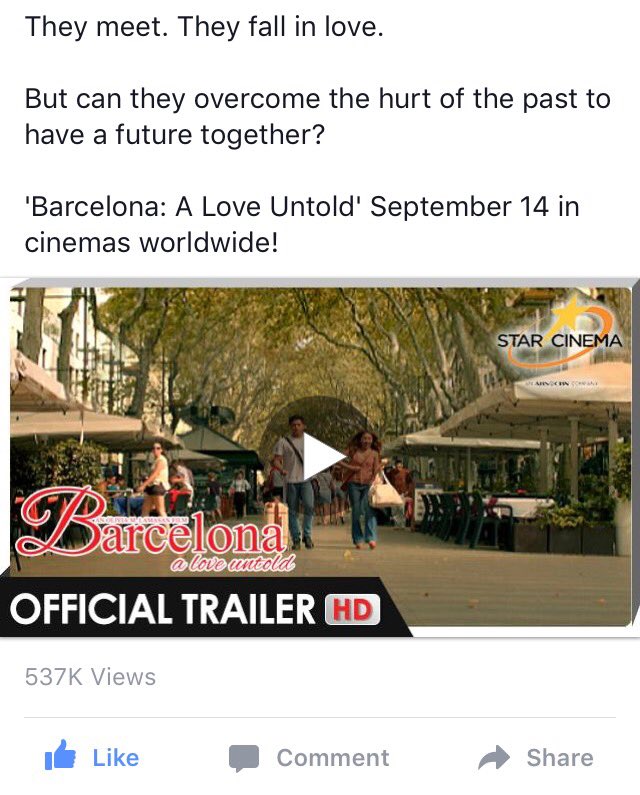 KCMBbarkada's tweet photo. Official trailer of #BarcelonaALoveUntold has  537k views on FB and 44k+ views on YT. ❤️

#PushAwardsKathNiels https://t.co/KQutYCIGjD