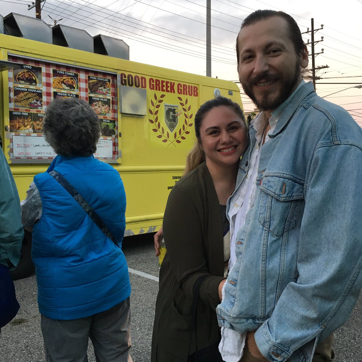 @polishbean of #HairyApe grabbing some <a href="/GoodGreekGrub/">Good Greek Grub</a> before the show. #LAThtr