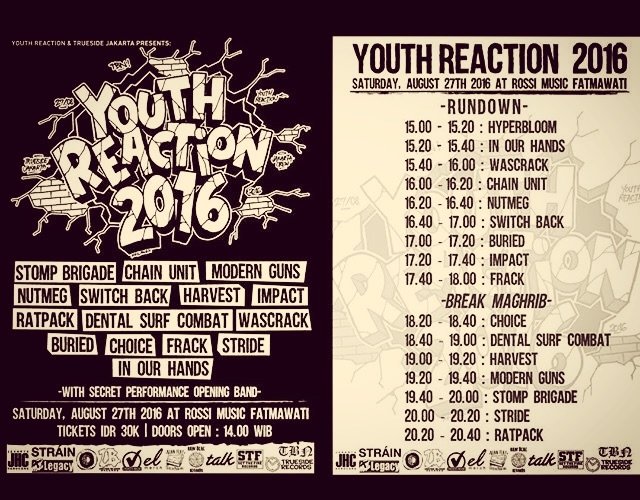 Hari ini di Rossi..!! Lots of cool bands.. Our boys WASCRACK at 15.40. See u there.. <a href="/YouthReaction/">YOUTH REACTION</a>