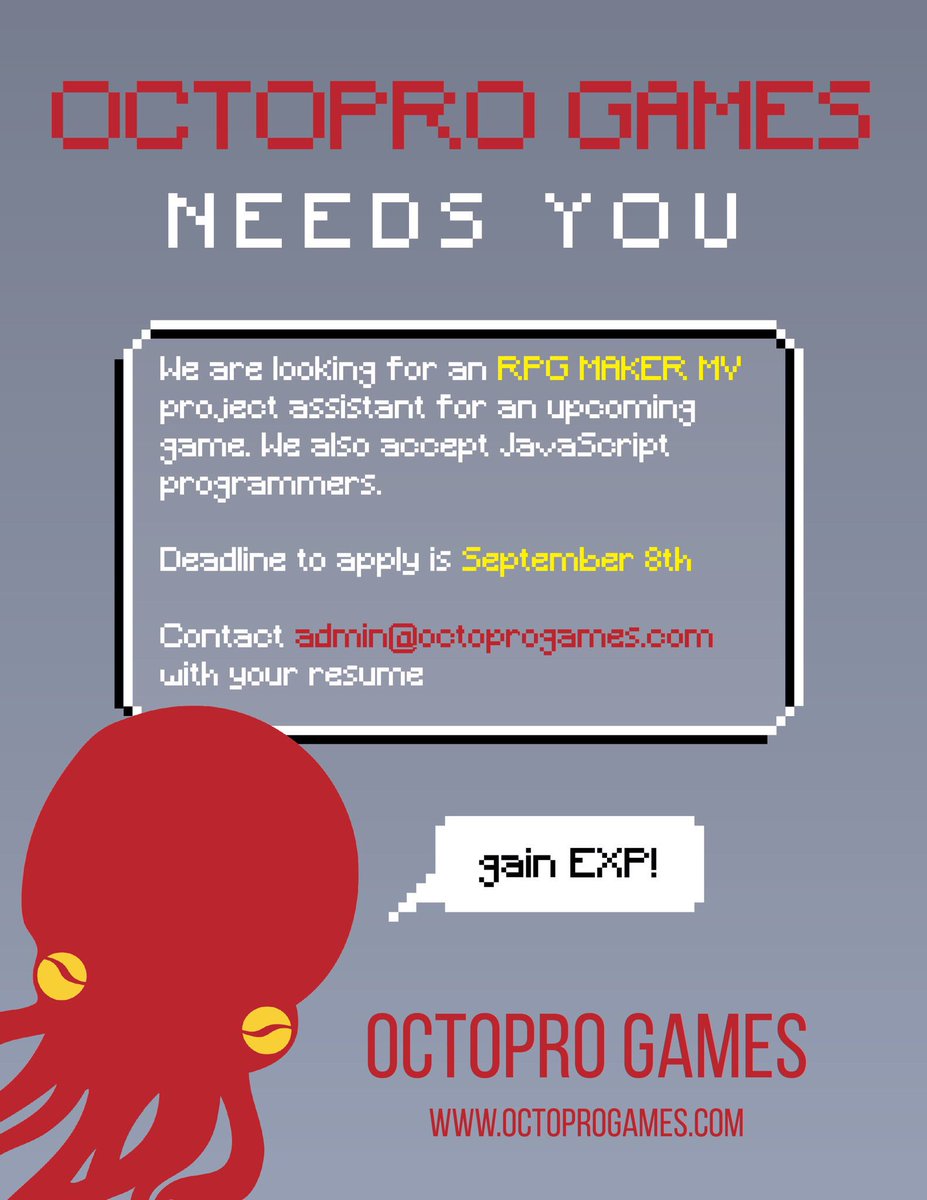 OctoProGames's tweet photo. #gamedev #indiedev #rpgmakermv @RPGmakerweb #internship available #job #JavaScript #picaro #game https://t.co/n0CTn3oZKy