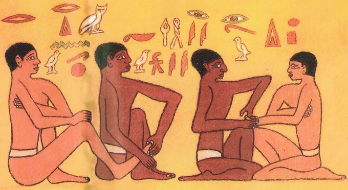 四千年以上も前のエジプトのアンクマホールという外科医の墓の壁画に足や手を揉む様子が描かれています受け手が脇を押さえているので脈でもとってるのかと思ったら脇からエネルギーが漏れるのを防いでいるという説があるそうです 