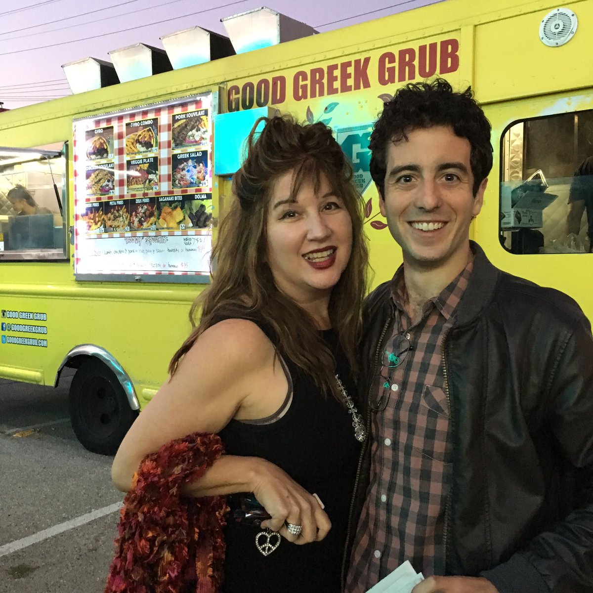 <a href="/portlandmae/">jennifertaub</a> of #HairyApe and Austin Rogers of #WhiteMarriage at the <a href="/GoodGreekGrub/">Good Greek Grub</a> truck before #AwakeSing. #LAThtr