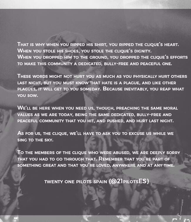 21pilotsES's tweet photo. PLEASE READ β #RespectTylerJoseph #RespectJoshuaDun #RespectTheClique βAnd excuse us while we sing to the sky ππ½ https://t.co/97t0A0h1Gu