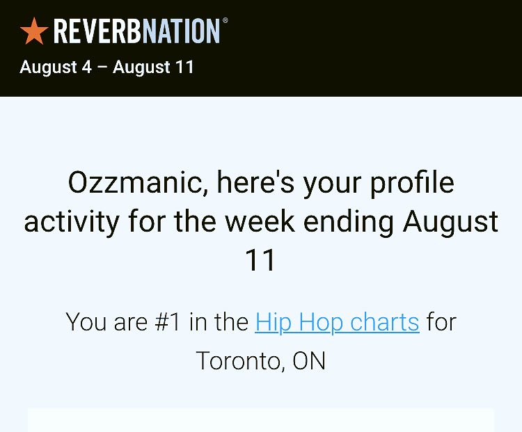Ozzmanic's tweet photo. No #1 In The Hip Hop Charts For Toronto π¨π¦ @ReverbNation #4WeeksStraight #Ozzmanic #Charts #Hiphop #Toronto https://t.co/aVIvUUi3Y4