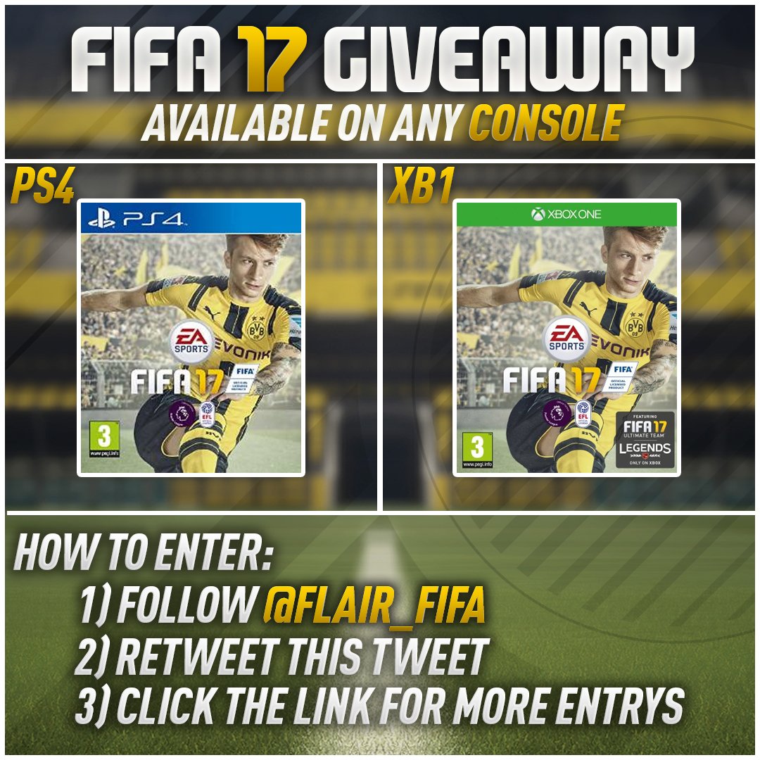 FIFA 17 GIVEAWAY ANY CONSOLE 
-FOLLOW @Flair_Fifa
- RETWEET
- CLICK ON LINK FOR MORE ENTRY'S gleam.io/competitions/T…