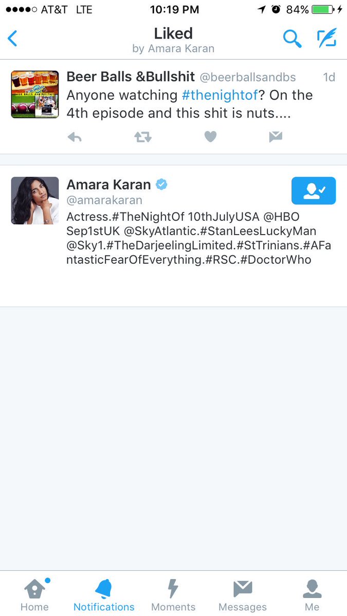 beerballsandbs's tweet photo. When the actress from #TheNightOf likes your tweet @amarakaran #winning https://t.co/bXc4n2U6FS