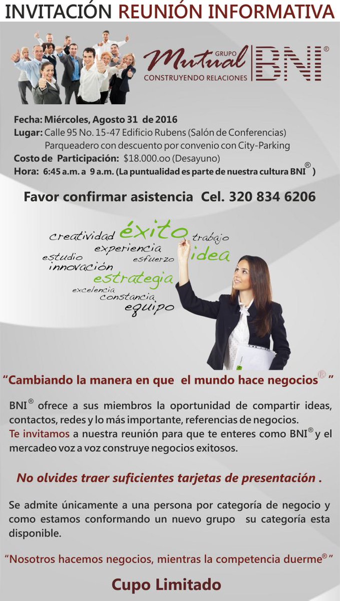 BNI ESTA CAMBIANDO LA MANERA DE HACER NEGOCIOS EN COLOMBIA.

Inscribete aquí :bit.ly/1SJjx67
3208346206