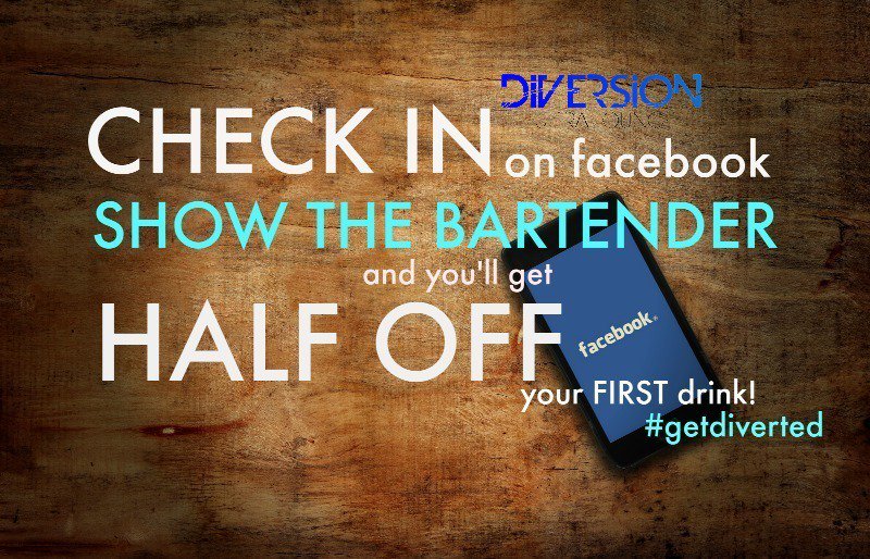 OHDiversion's tweet photo. Let your friends know the place to be #checkinonfacebook &amp; get #halfoff your first drink! #getdiverted https://t.co/GMe9xOU21Q