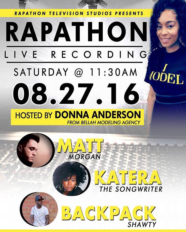 HollywoodDub's tweet photo. LIVE TAPING @RAPATHON1 TODAY 11:30am with featured artists @MattMorgan803 @KateraOnTheMic @BackpackShawty #RAPATHON https://t.co/w3PBBwtf6o