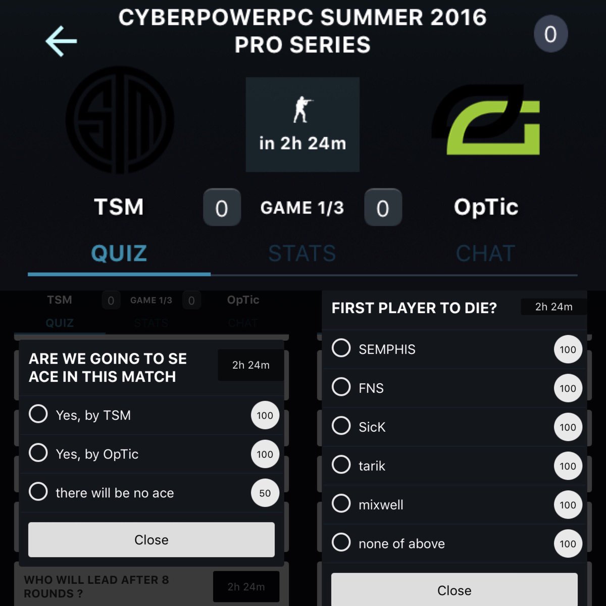 getpredict's tweet photo. @TSMCSGO vs. @OpTicGaming in 2h 30m, First player to die in map one? Are we going to see ace in this match? #predict https://t.co/rAm8UOr0M1