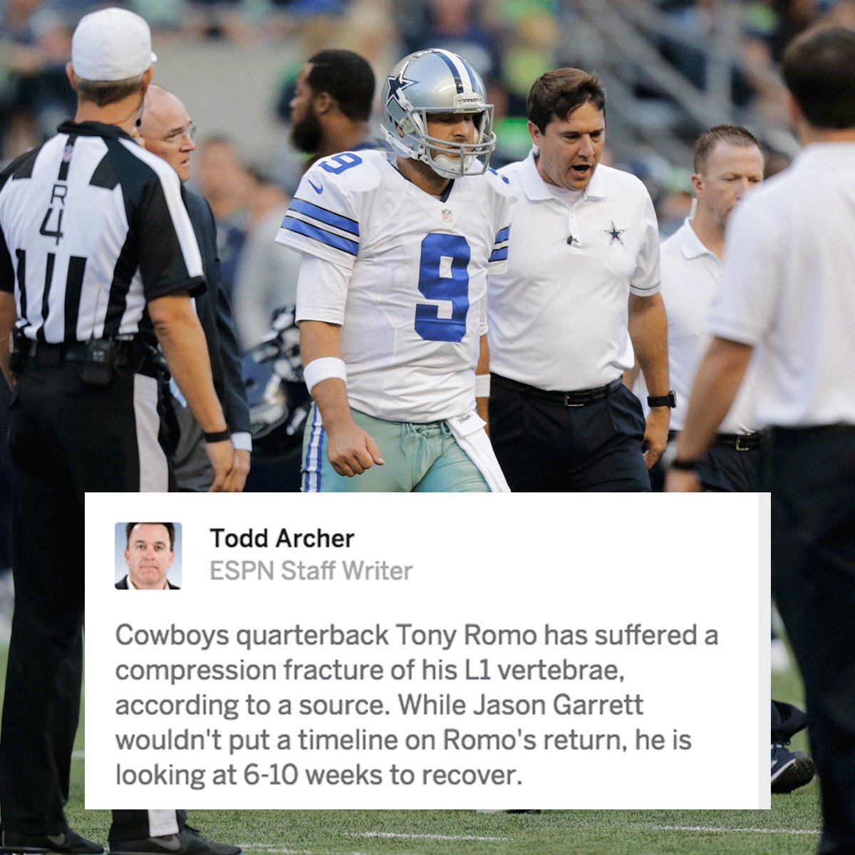 ESPNNFL's tweet photo. UPDATE: Tony Romo has a fractured vertebrae and is expected to miss 6-10 weeks (via @CBSSports &amp; @toddarcher) https://t.co/Q2NznTCHyq