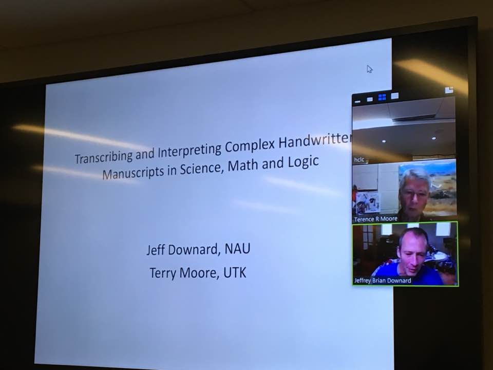 PalmeriJoAnn's tweet photo. Downard & Moore presenting via Skype on challenges of transcription of complex manuscripts #dhps2016 #histsci https://t.co/JUwym88sDq