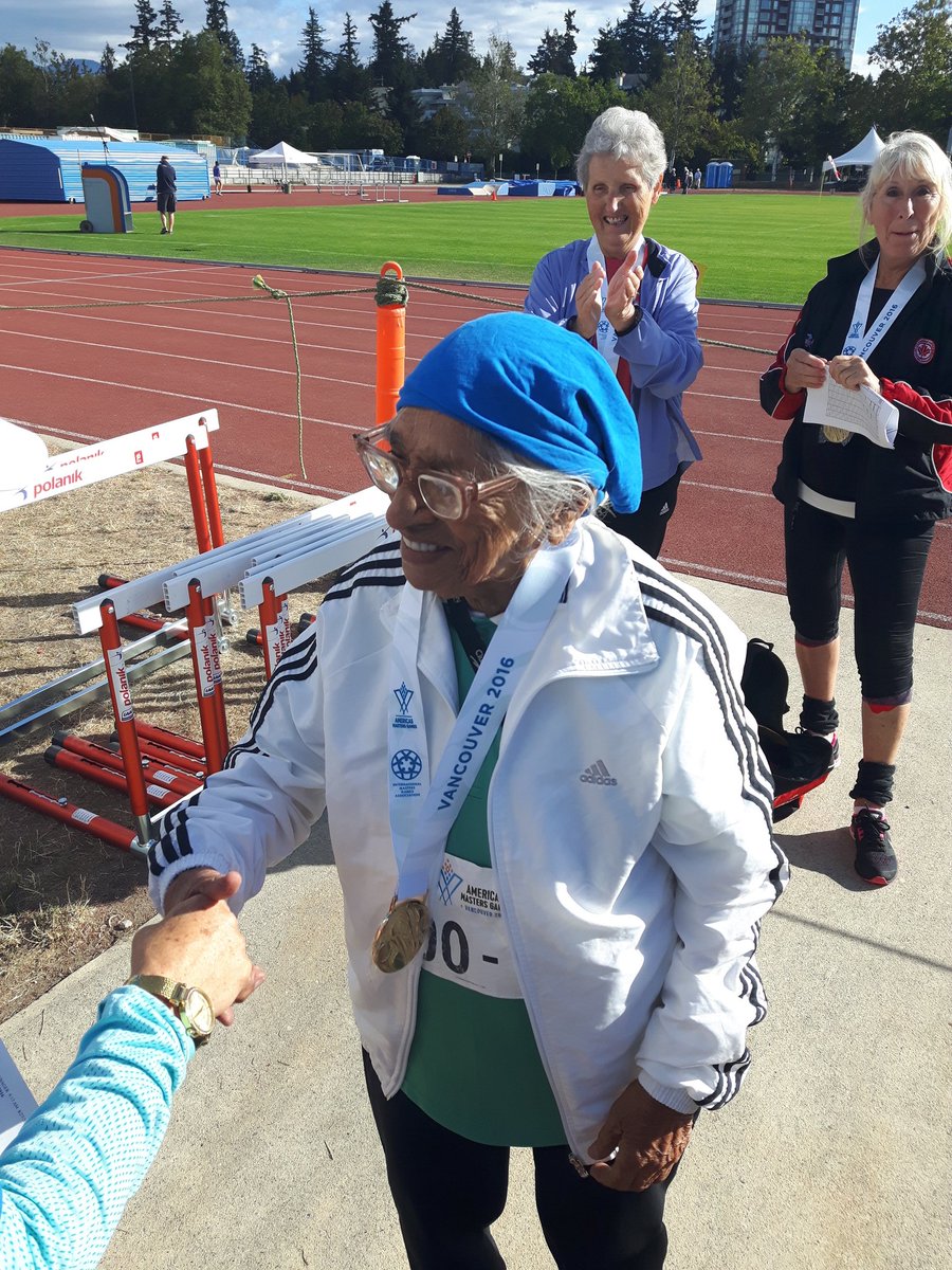 lisa_kwi's tweet photo. Man Kaur from #India wins the # javelin with a 4.67m #throw at the #AMGames2016 oh and she's 100yo https://t.co/H8WqcVXB2g