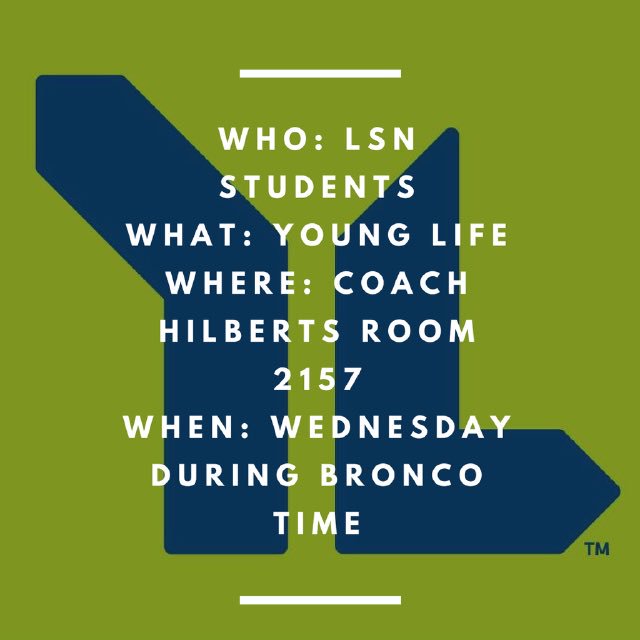TraceeCobb's tweet photo. FCA/ YL CLUB @ LSN Wednesdays during Bronco time! 10:13-10:48am. #lsnbroncos #lsyl https://t.co/FQOV3JTTSW