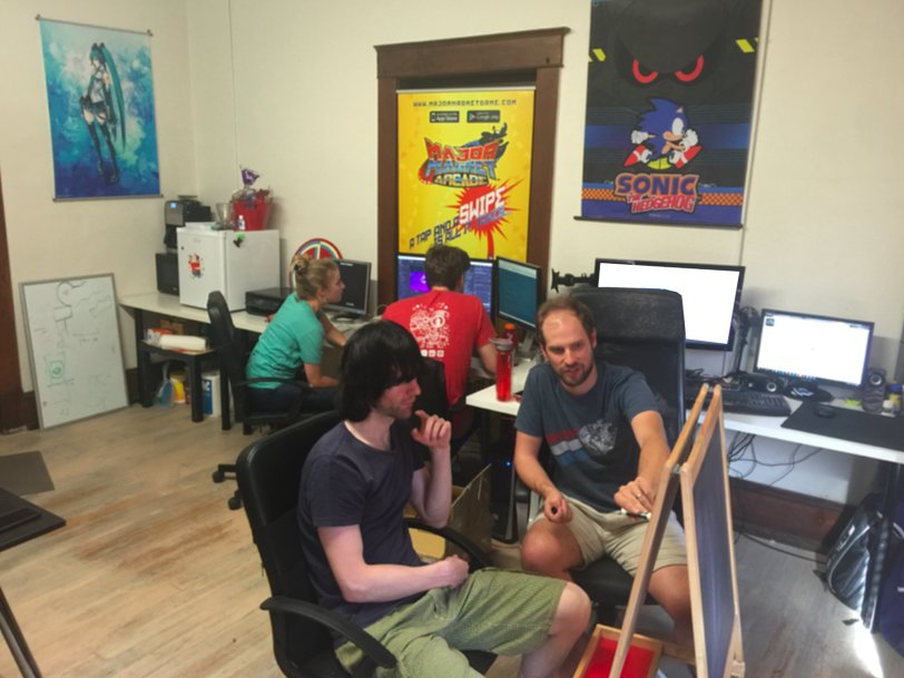 PagodaWestGames's tweet photo. .@CFWhitehead & @PWGJared cooking something up fresh for #SonicMania. Taryn and Aden working on #SpiritRush in back. https://t.co/bpWj5YdXGE