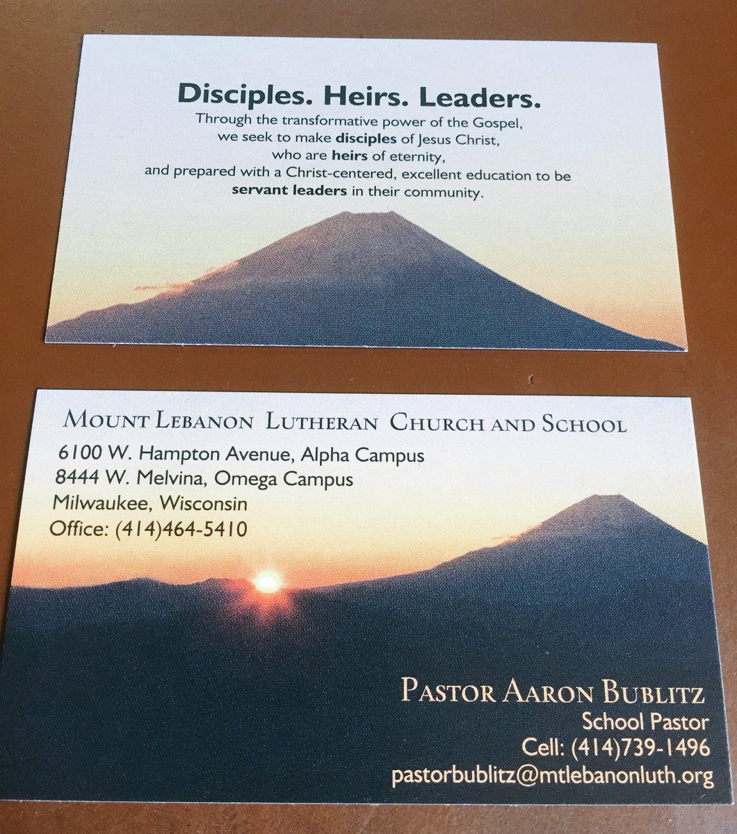 AaronBublitz's tweet photo. Digging the new school business cards. Thanks, @principalMtLeb! 

#disciples #heirs #servantleaders #contagioushope https://t.co/rYubRUpSmT
