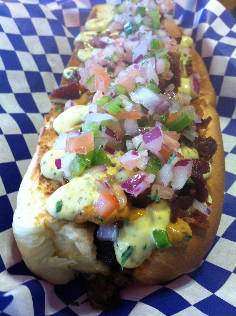 Chipotle sauce, Dreamoulade, beef bacon, in-house chili and pico de gallo! You have to try this. #hotdogs #goneNOLA