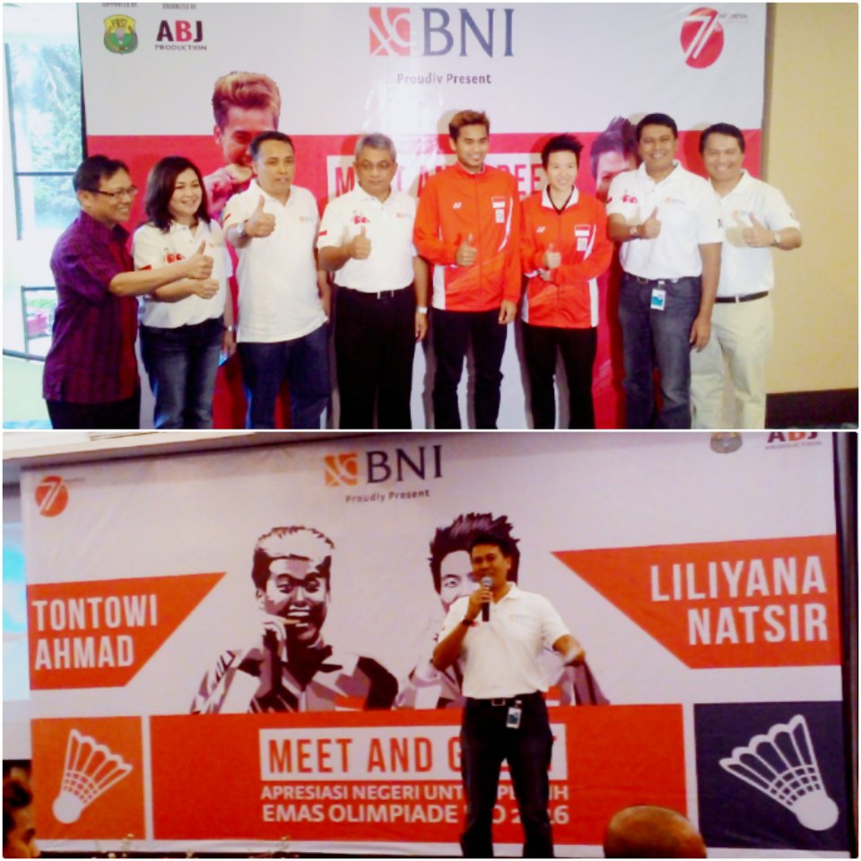 BNI's tweet photo. BNI Proudly Present :  Meet and Greet dengan Peraih Medali Emas Olimpiade Rio 2016 Tontowi Ahmad &amp; Liliyana Natsir. https://t.co/1TakXY67be