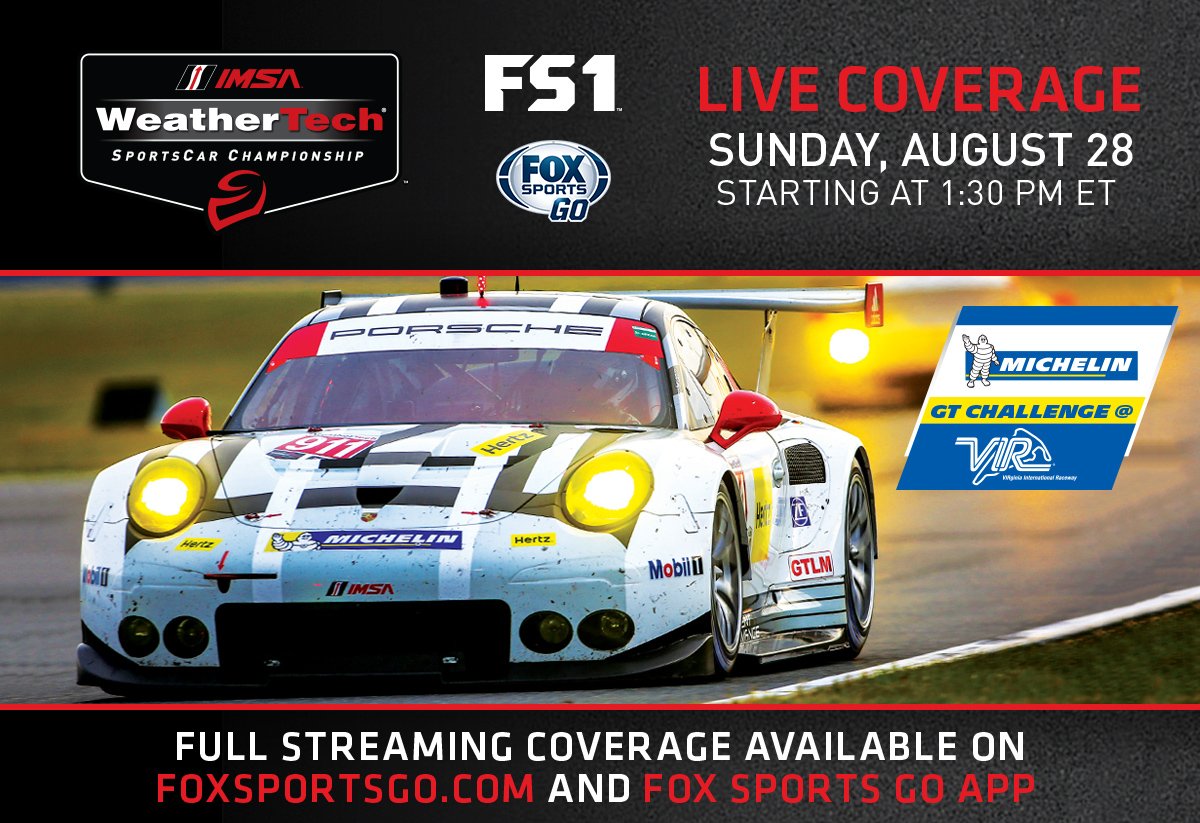 Away from TV on 8/28? Watch <a href="/IMSA/">IMSA</a>'s #MichelinVIR at <a href="/VIRNow/">VIRginia International Raceway</a> w/ #FOXSportsGO! Online/on the app w/ authentication.