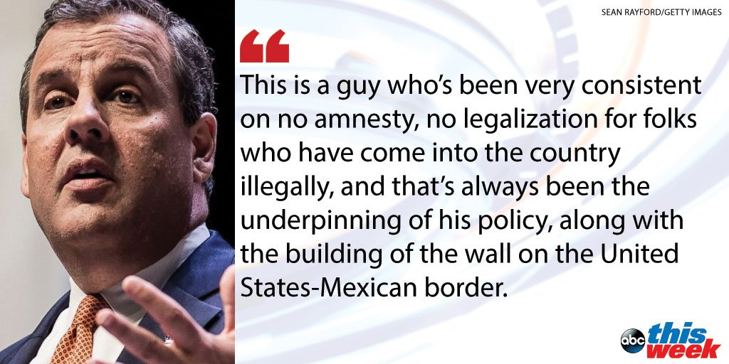 ABC's tweet photo. Chris Christie tells @ThisWeekABC Trump has been "completely consistent" on immigration https://t.co/c3jqGSCAPk https://t.co/Nw1zoUfTI4