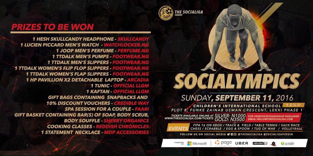 TheSociaLiga's tweet photo. For #Gold ticket holders, these are some of the items to be won at the #SociaLympics Raffle draw courtesy partners. https://t.co/PD0URh5dm0