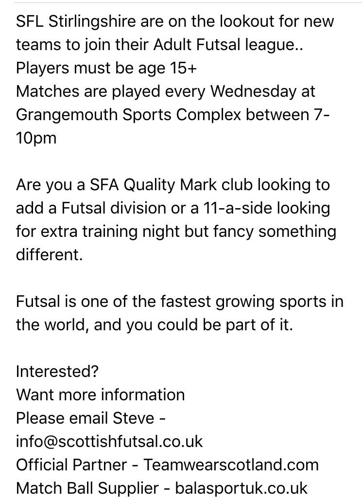 <a href="/sfl_stirling/">SFL Stirlingshire</a> are looking for new clubs to join their league... Interested? 

<a href="/ScotAmFA/">Scottish Amateur FA</a> <a href="/FalkirkSport/">Falkirk Active Schools & Sports Dev</a>
